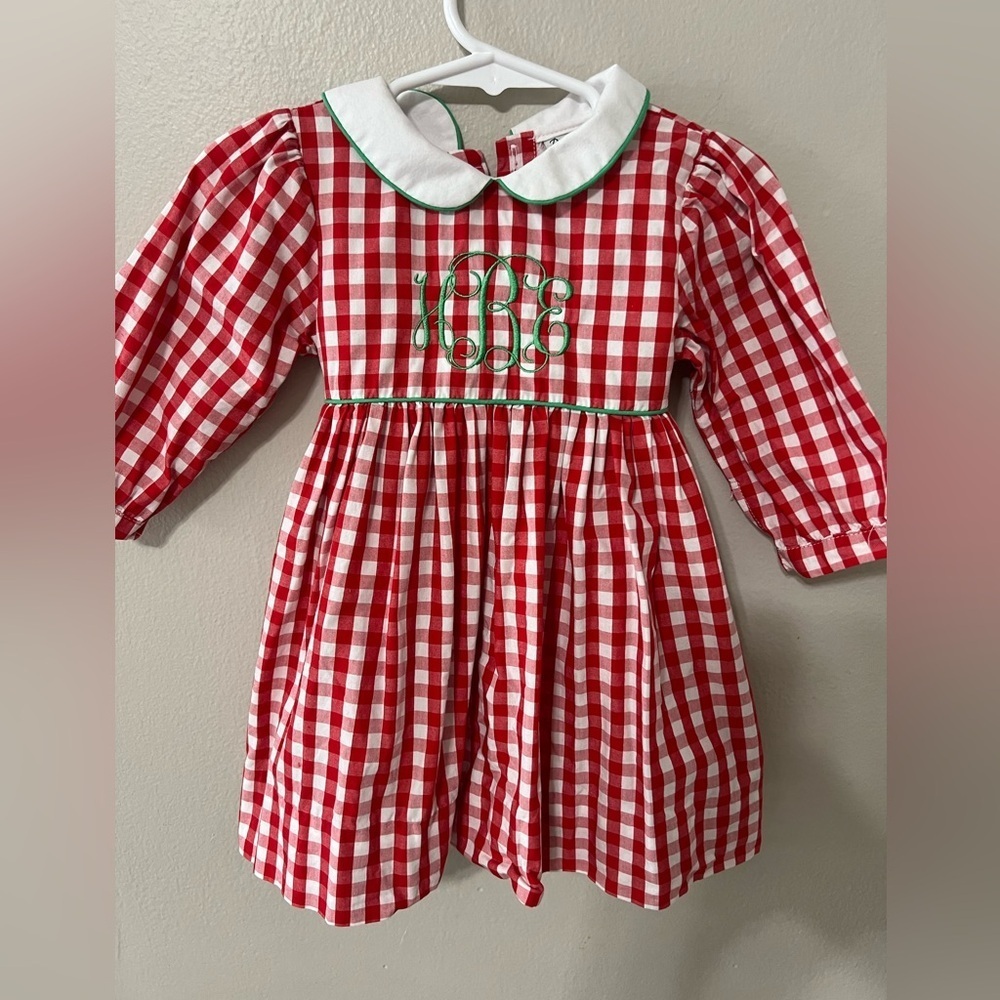 Dressie Jessie Smocking Baby Girl Christmas Dress 12M Red Gingham Monogram EUC
